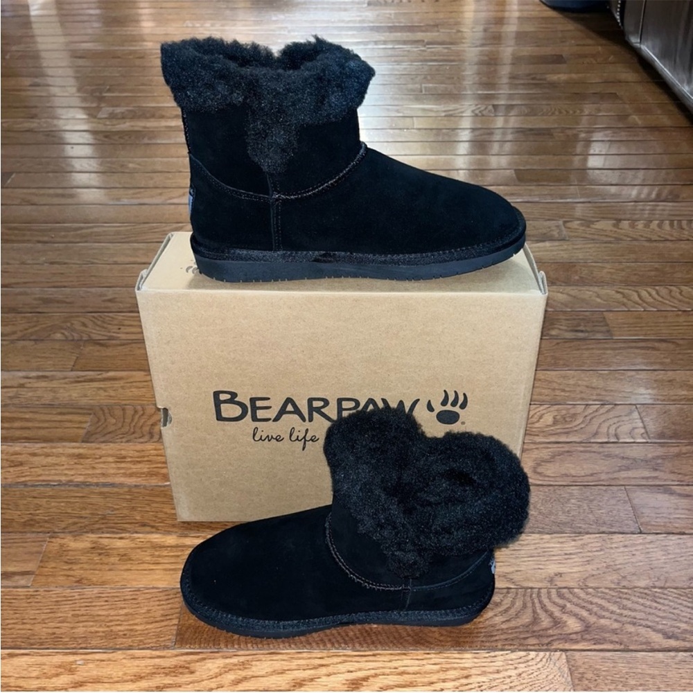 BearPaw Wren Faux Shearling Lined Bootie Black Suede Women’s Size 10 Winter - Picture 5 of 11